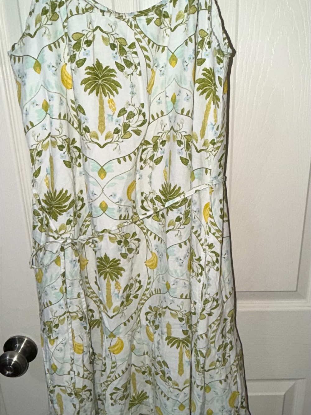 Calypso St. Barth White Maxi Dress with Green Palm & Yellow Large